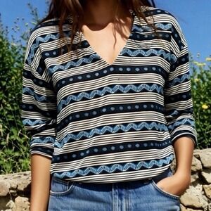 Womens XS Blue Top V-Neck, New, Lucky Brand, Back‎ Tie, Geometric Striped